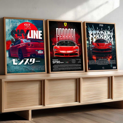 Big Ferrari SF90 Spider, Skyline GTR, Ferrari SF90 Stradale Cars Wall Art Paintings for Living Room Bedroom