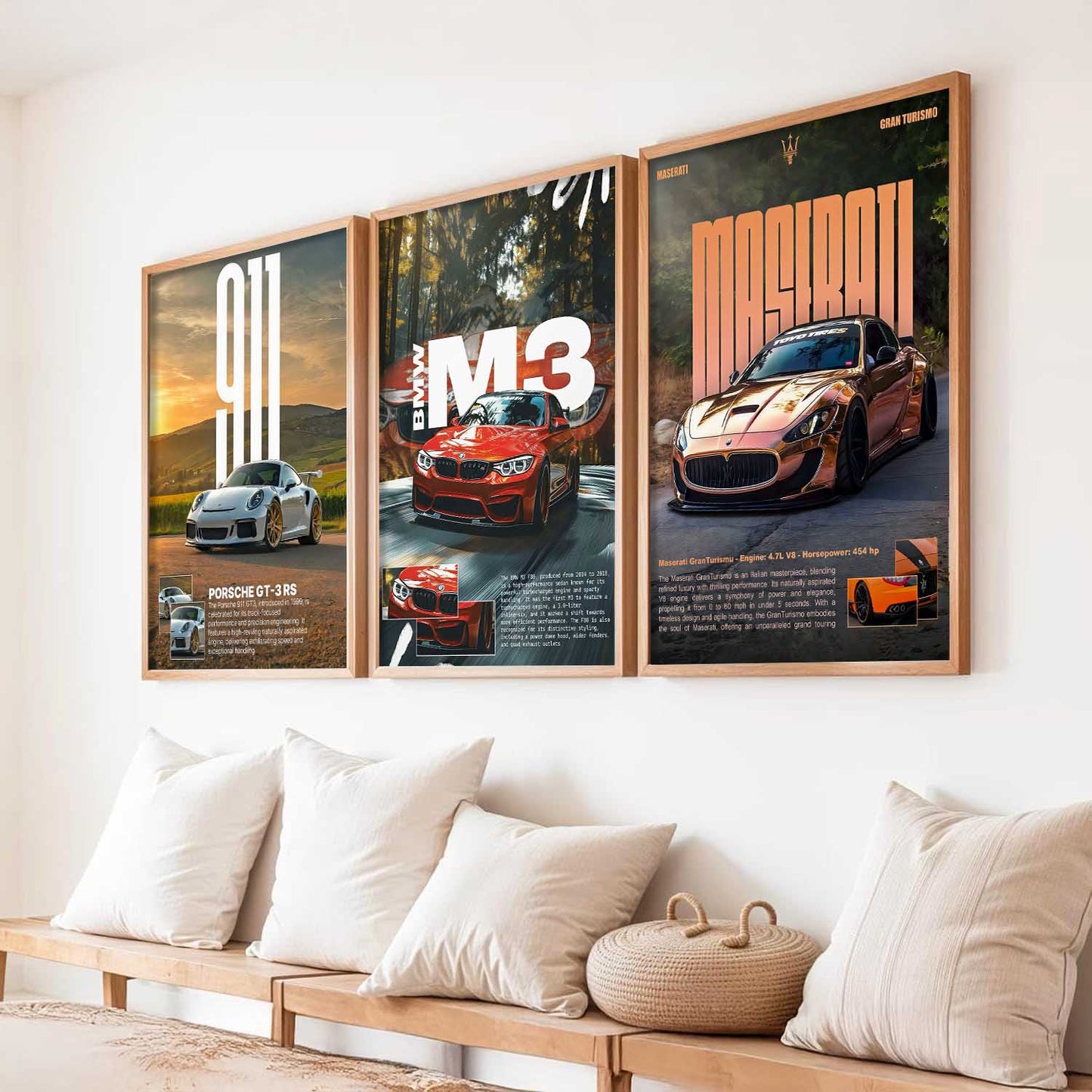 Big Porsche 911 GT3 RS, BMW M3, Maserati Cars Wall Art Paintings for Living Room Bedroom