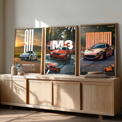 Big Porsche 911 GT3 RS, BMW M3, Maserati Cars Wall Art Paintings for Living Room Bedroom