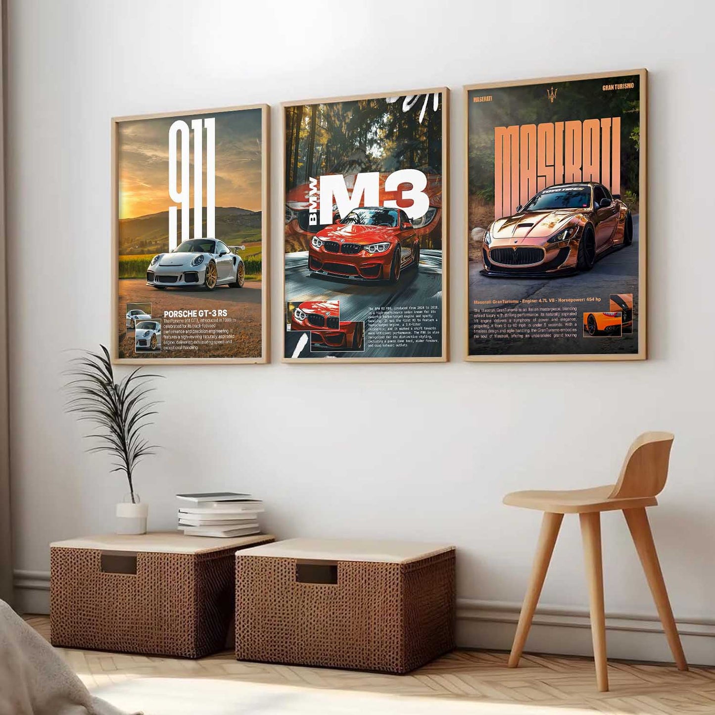 Big Porsche 911 GT3 RS, BMW M3, Maserati Cars Wall Art Paintings for Living Room Bedroom