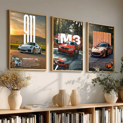 Big Porsche 911 GT3 RS, BMW M3, Maserati Cars Wall Art Paintings for Living Room Bedroom