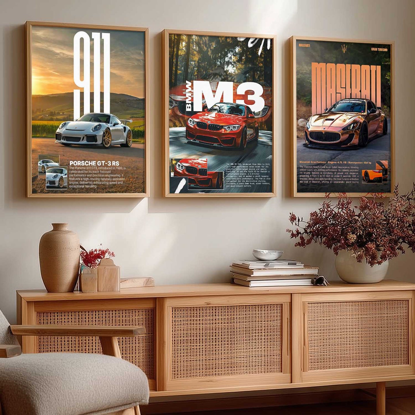 Big Porsche 911 GT3 RS, BMW M3, Maserati Cars Wall Art Paintings for Living Room Bedroom
