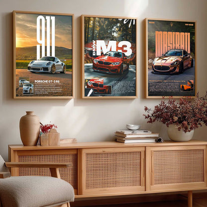 Big Porsche 911 GT3 RS, BMW M3, Maserati Cars Wall Art Paintings for Living Room Bedroom