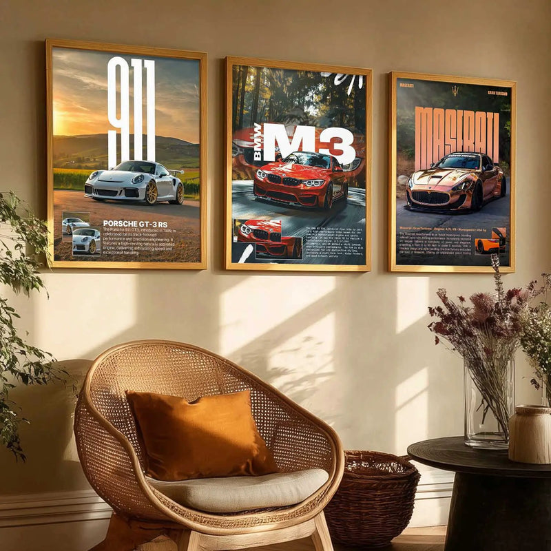 Big Porsche 911 GT3 RS, BMW M3, Maserati Cars Wall Art Paintings for Living Room Bedroom