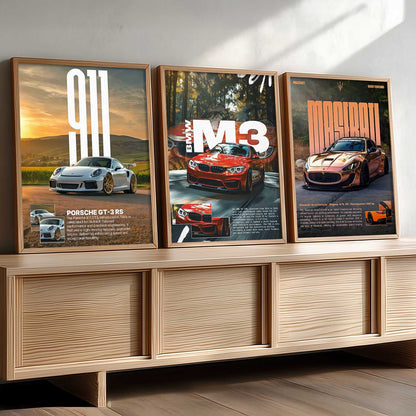 Big Porsche 911 GT3 RS, BMW M3, Maserati Cars Wall Art Paintings for Living Room Bedroom