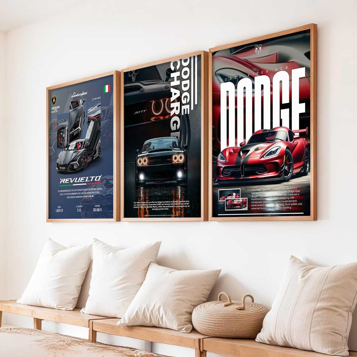 Big Lamborghini Revuelto, Dodge Charge, Dodge Viper Cars Wall Art Paintings for Living Room Bedroom