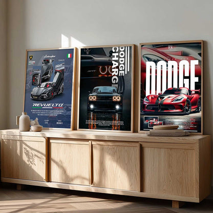 Big Lamborghini Revuelto, Dodge Charge, Dodge Viper Cars Wall Art Paintings for Living Room Bedroom