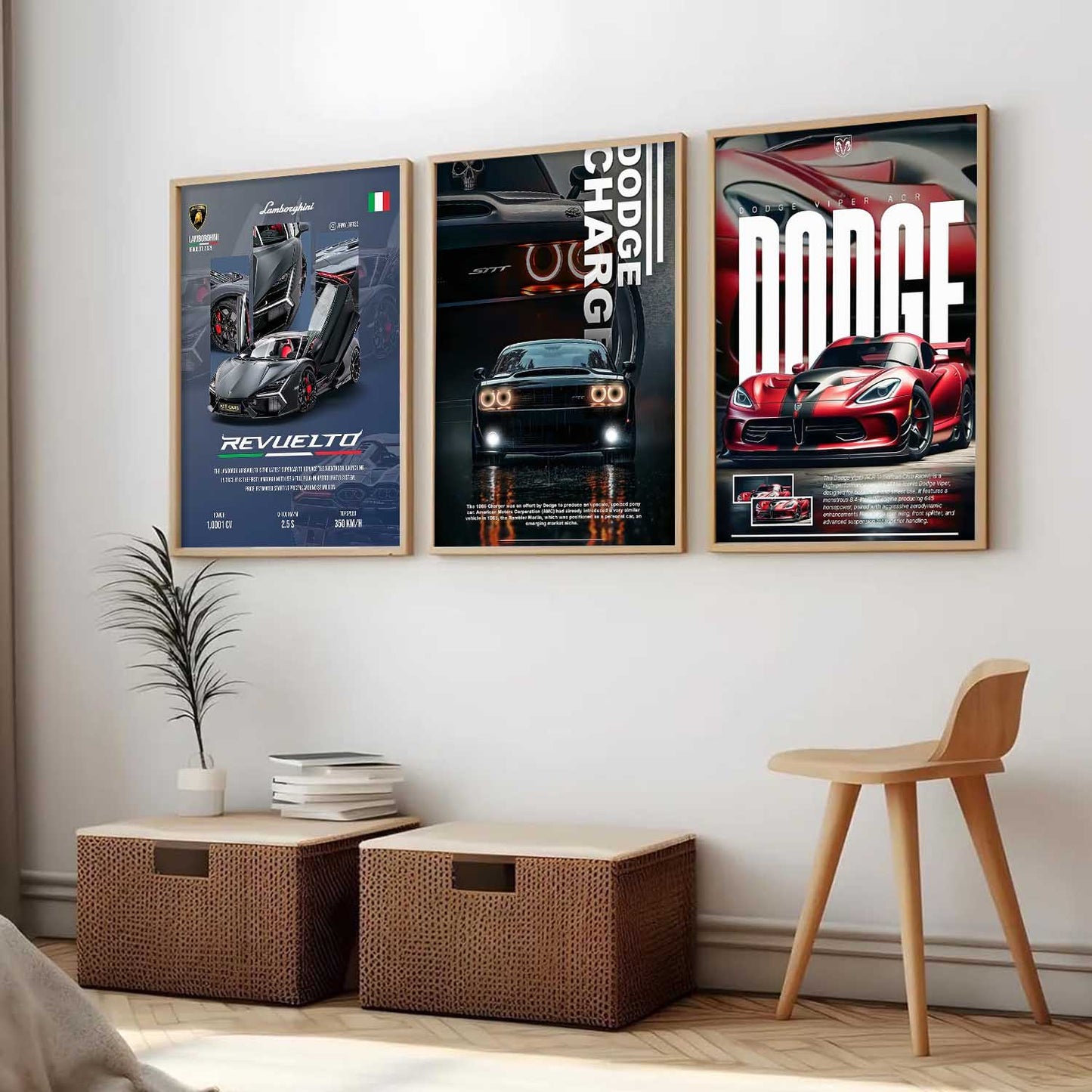 Big Lamborghini Revuelto, Dodge Charge, Dodge Viper Cars Wall Art Paintings for Living Room Bedroom