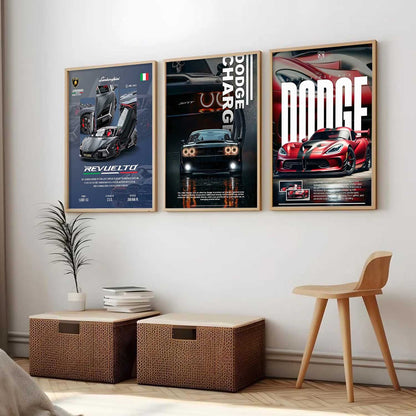 Big Lamborghini Revuelto, Dodge Charge, Dodge Viper Cars Wall Art Paintings for Living Room Bedroom