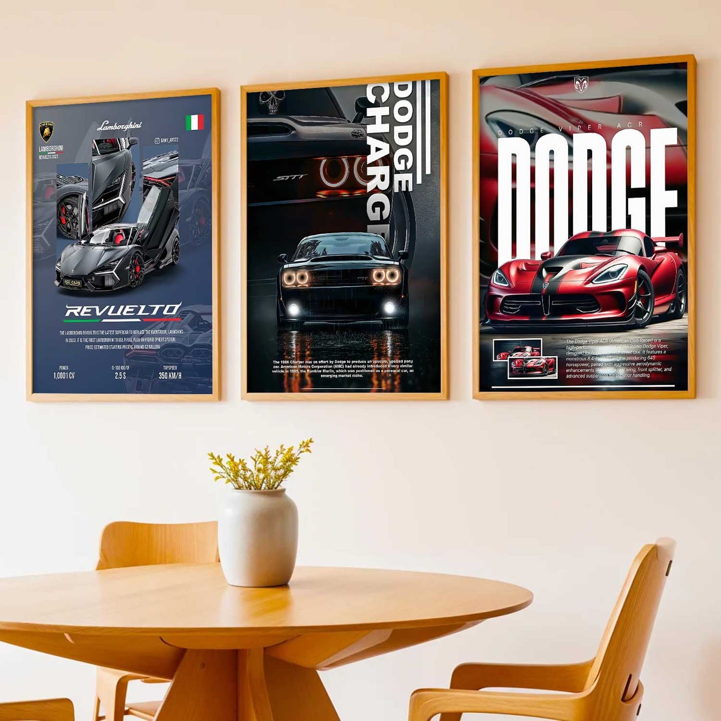 Big Lamborghini Revuelto, Dodge Charge, Dodge Viper Cars Wall Art Paintings for Living Room Bedroom
