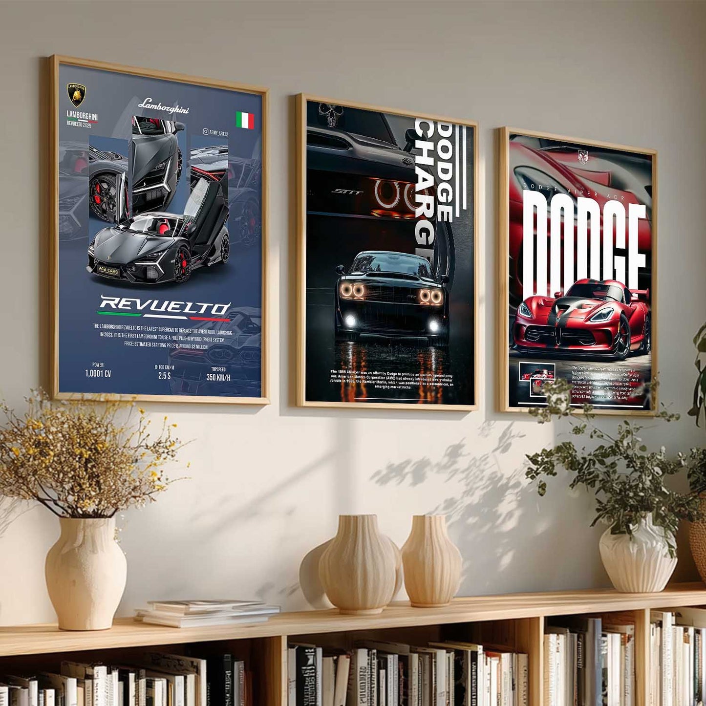 Big Lamborghini Revuelto, Dodge Charge, Dodge Viper Cars Wall Art Paintings for Living Room Bedroom