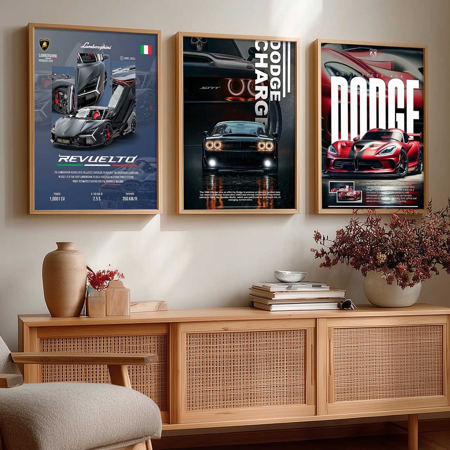 Big Lamborghini Revuelto, Dodge Charge, Dodge Viper Cars Wall Art Paintings for Living Room Bedroom