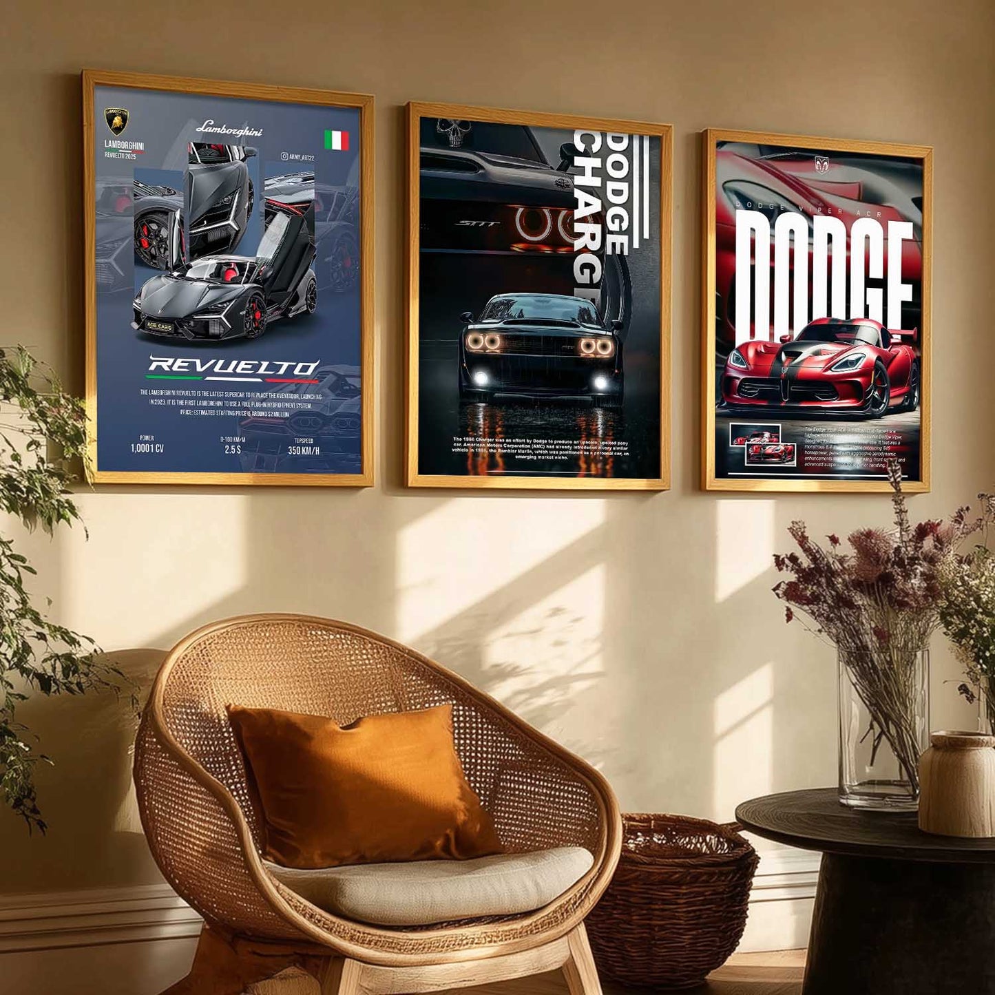 Big Lamborghini Revuelto, Dodge Charge, Dodge Viper Cars Wall Art Paintings for Living Room Bedroom