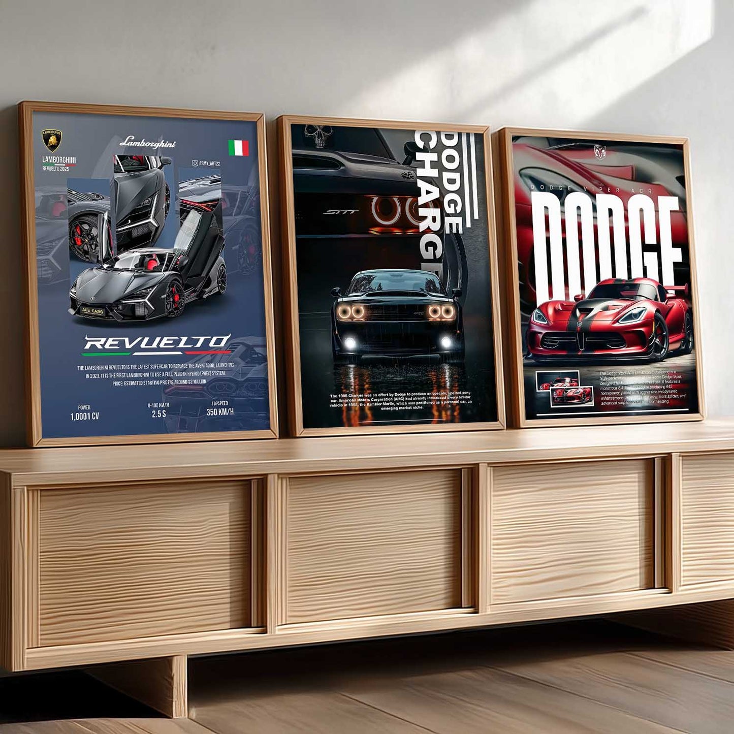 Big Lamborghini Revuelto, Dodge Charge, Dodge Viper Cars Wall Art Paintings for Living Room Bedroom