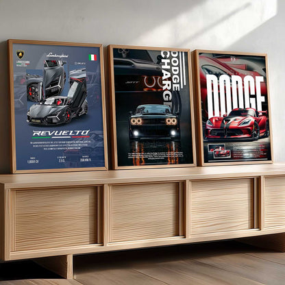Big Lamborghini Revuelto, Dodge Charge, Dodge Viper Cars Wall Art Paintings for Living Room Bedroom