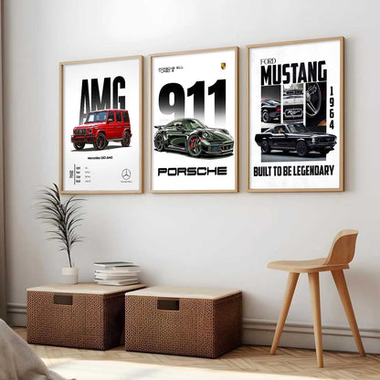 Big Mercedes G-Wagon, Mustang, Porsche 911 Cars Wall Art Paintings for Living Room Bedroom