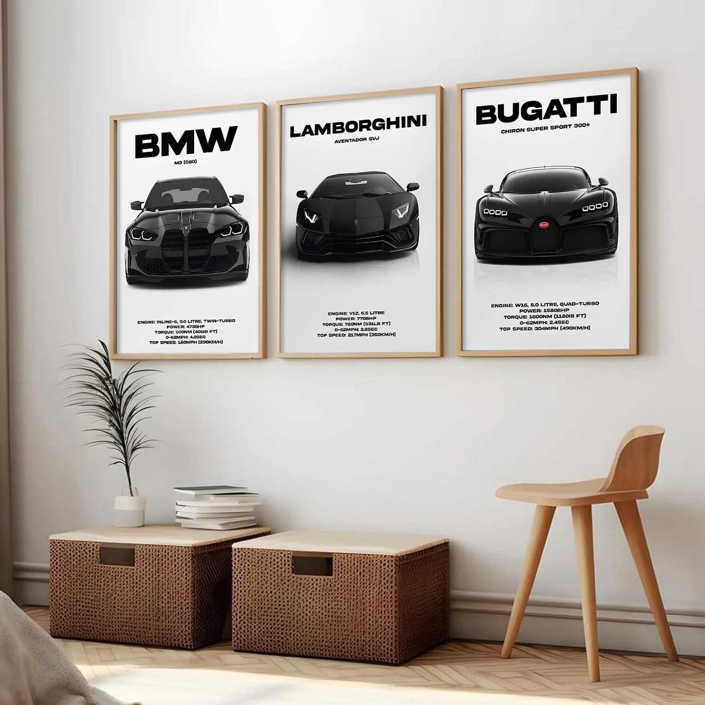 Big BMW M3, Lamborghini Aventador, Bugatti Chiron Cars Wall Art Paintings for Living Room Bedroom