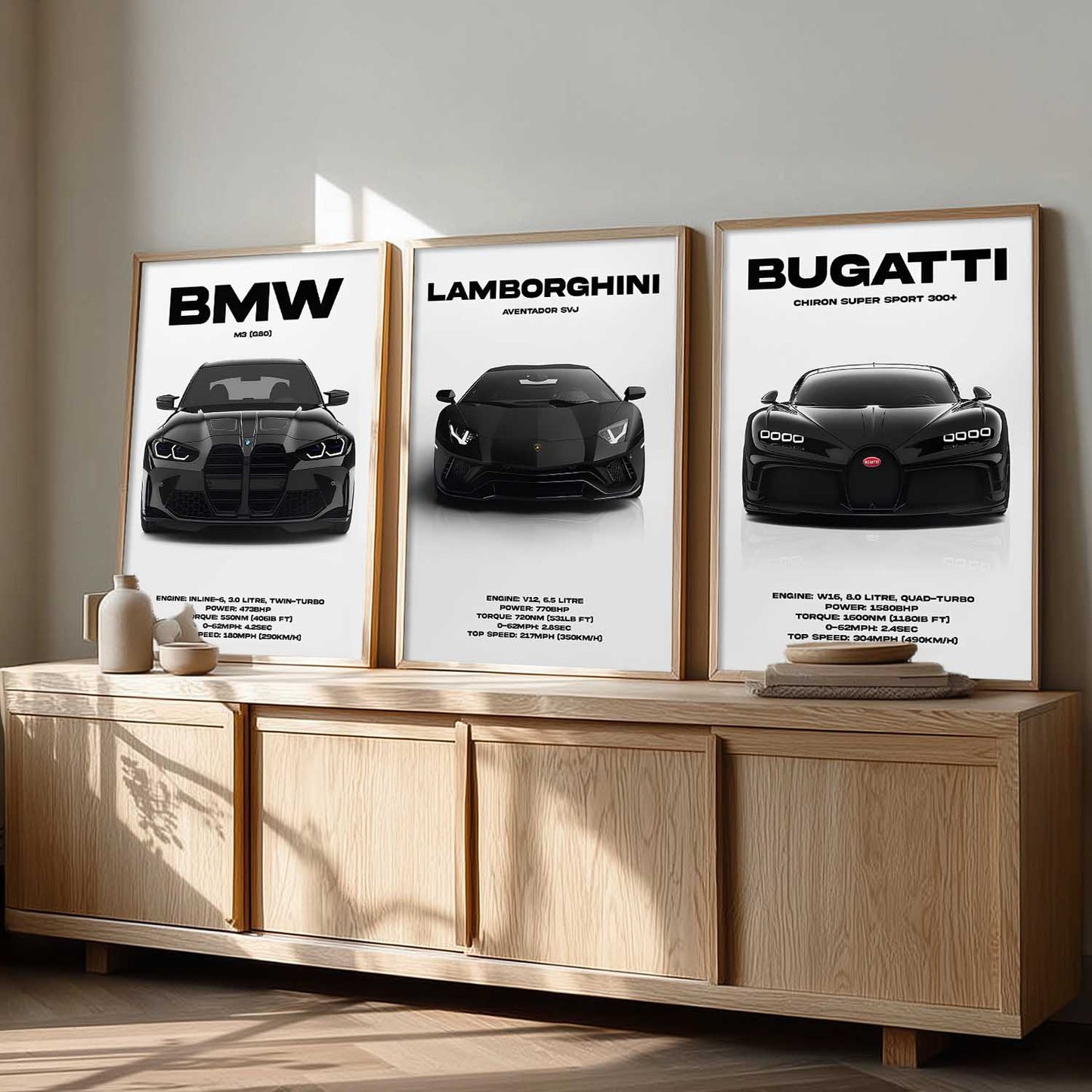 Big BMW M3, Lamborghini Aventador, Bugatti Chiron Cars Wall Art Paintings for Living Room Bedroom