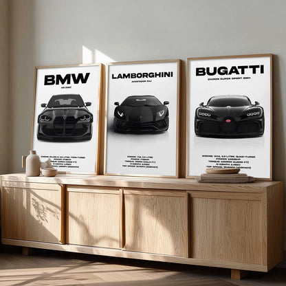 Big BMW M3, Lamborghini Aventador, Bugatti Chiron Cars Wall Art Paintings for Living Room Bedroom