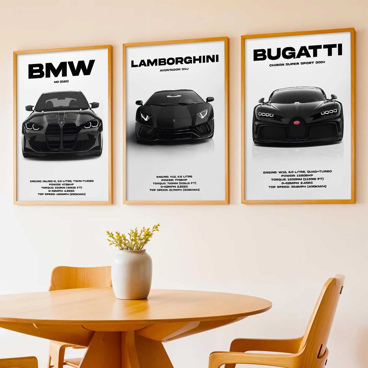 Big BMW M3, Lamborghini Aventador, Bugatti Chiron Cars Wall Art Paintings for Living Room Bedroom