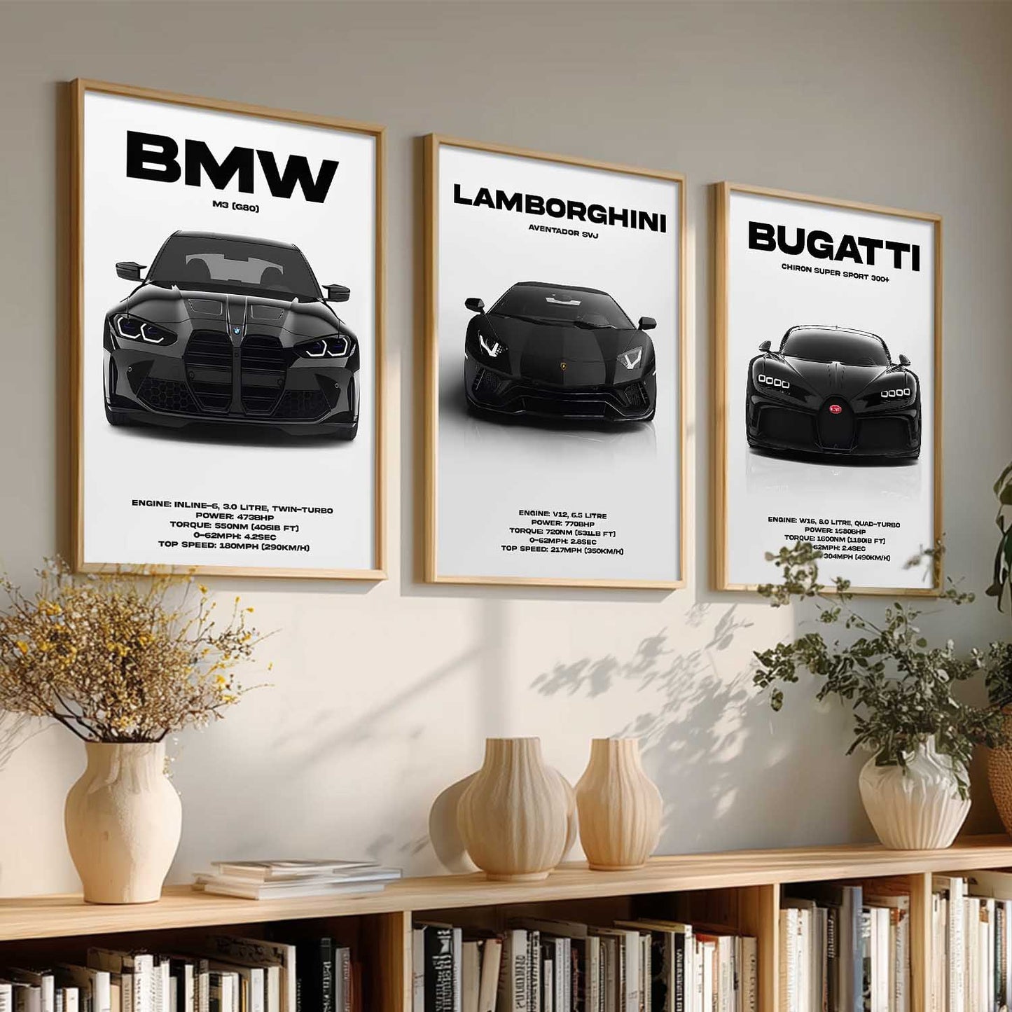 Big BMW M3, Lamborghini Aventador, Bugatti Chiron Cars Wall Art Paintings for Living Room Bedroom