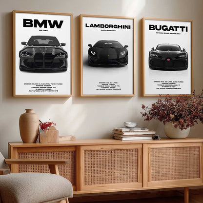 Big BMW M3, Lamborghini Aventador, Bugatti Chiron Cars Wall Art Paintings for Living Room Bedroom