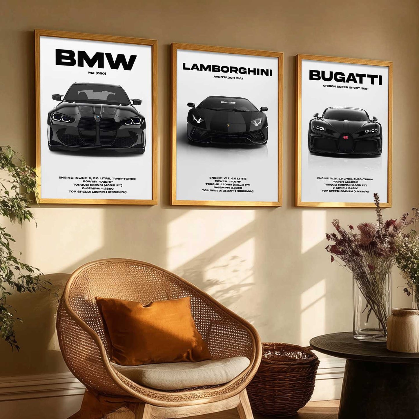 Big BMW M3, Lamborghini Aventador, Bugatti Chiron Cars Wall Art Paintings for Living Room Bedroom