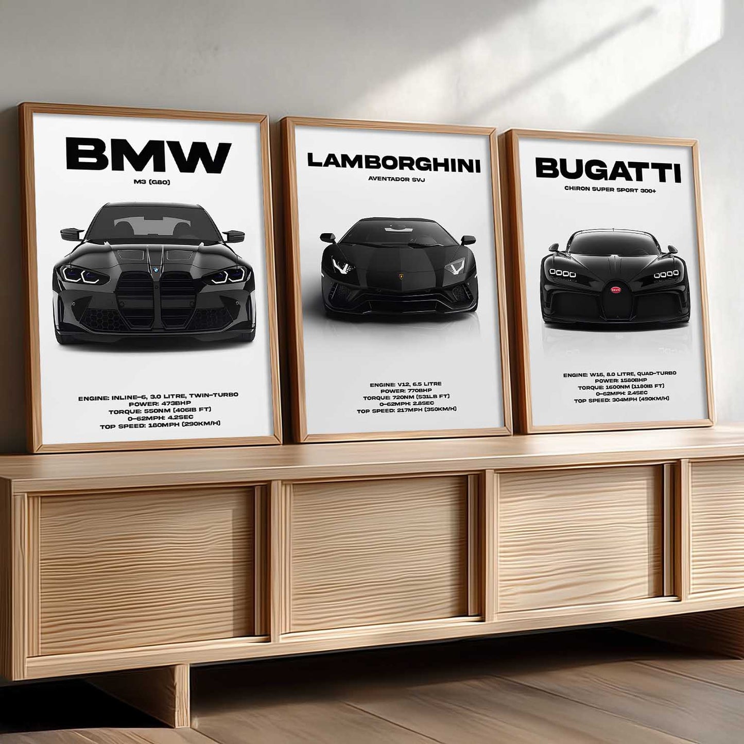 Big BMW M3, Lamborghini Aventador, Bugatti Chiron Cars Wall Art Paintings for Living Room Bedroom