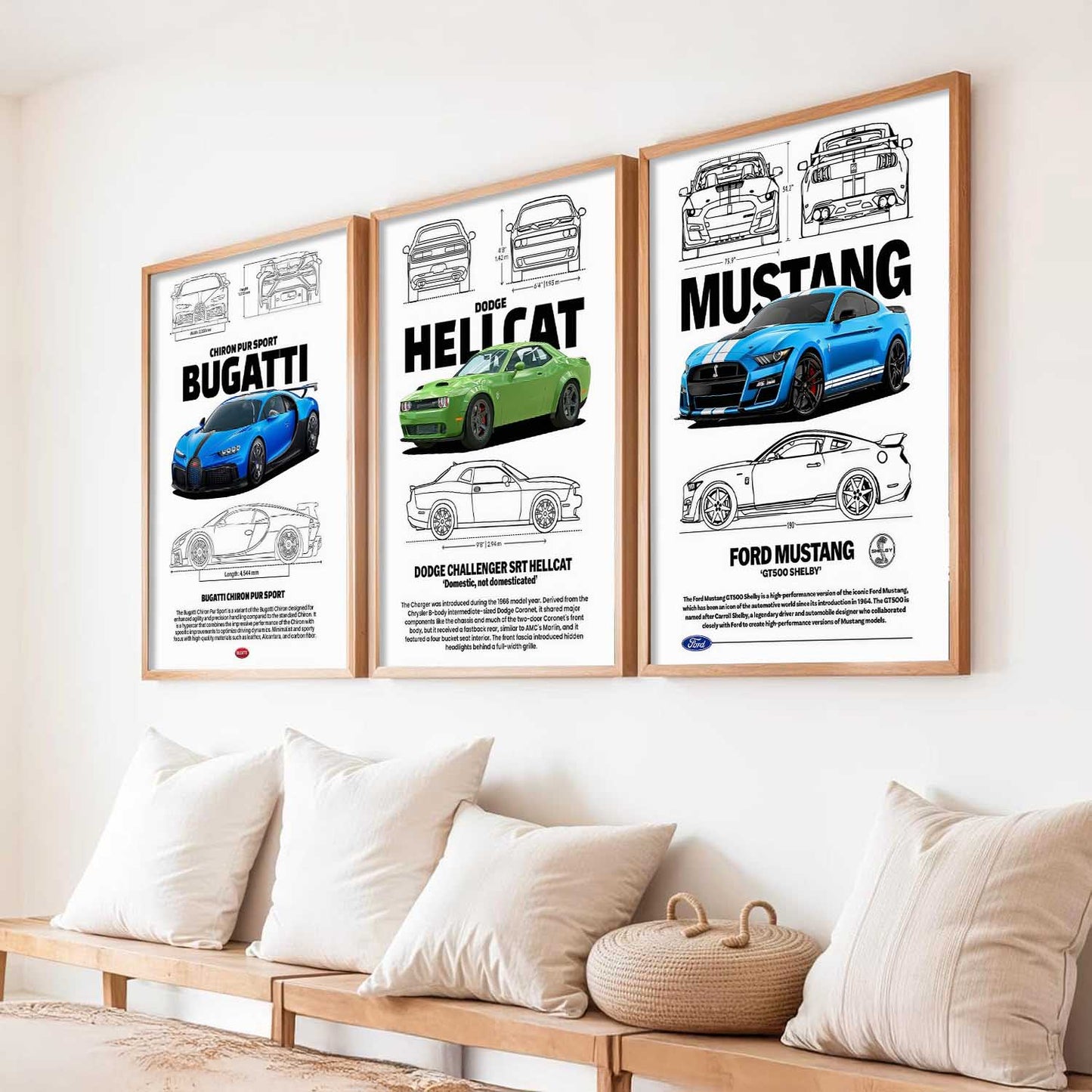 Big Bugatti Chiron, Dodge Hellcat, Ford Mustang Cars Wall Art Paintings for Living Room Bedroom