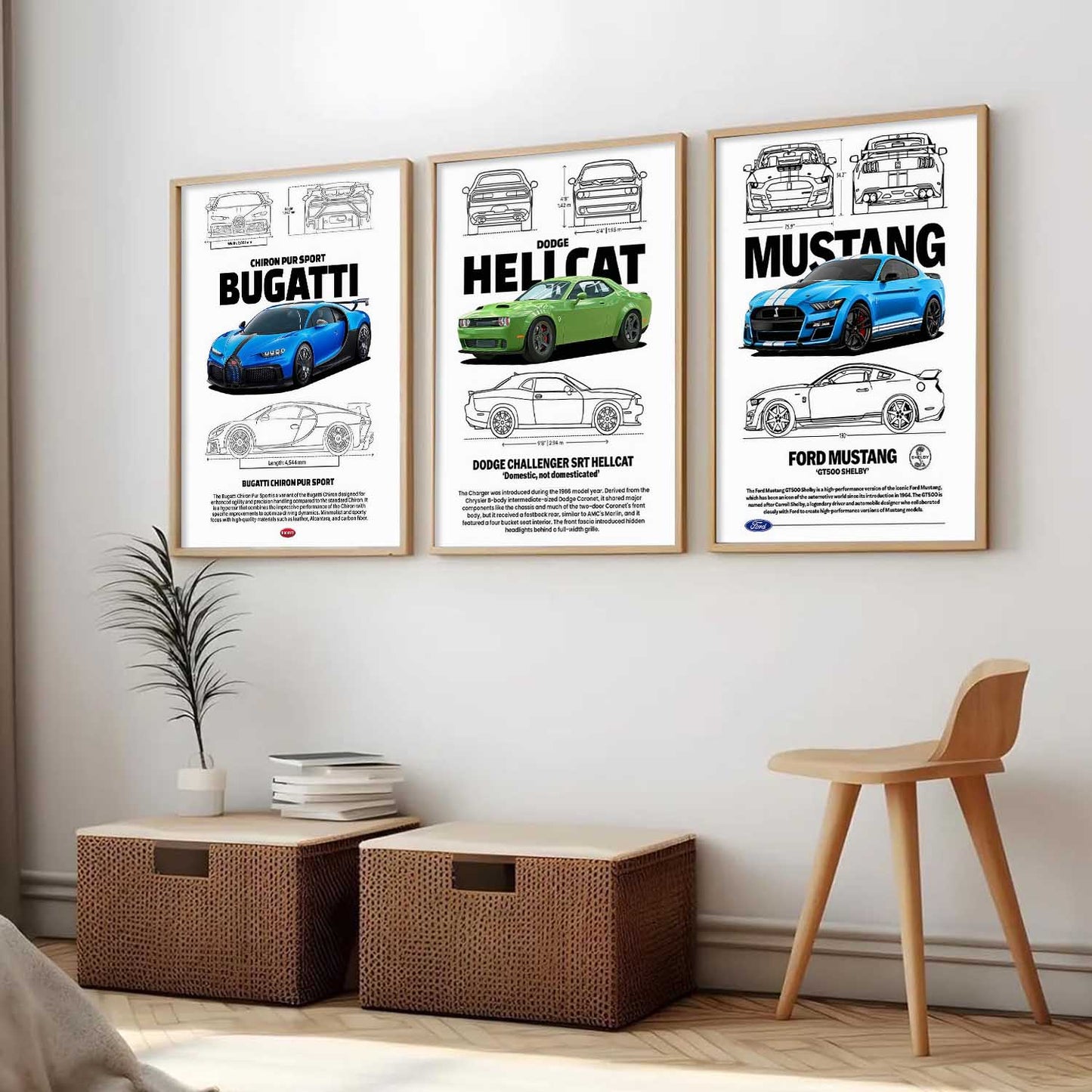 Big Bugatti Chiron, Dodge Hellcat, Ford Mustang Cars Wall Art Paintings for Living Room Bedroom