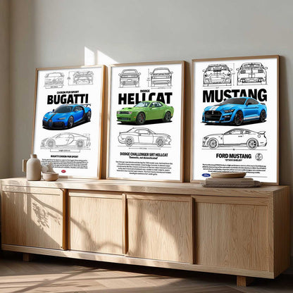 Big Bugatti Chiron, Dodge Hellcat, Ford Mustang Cars Wall Art Paintings for Living Room Bedroom