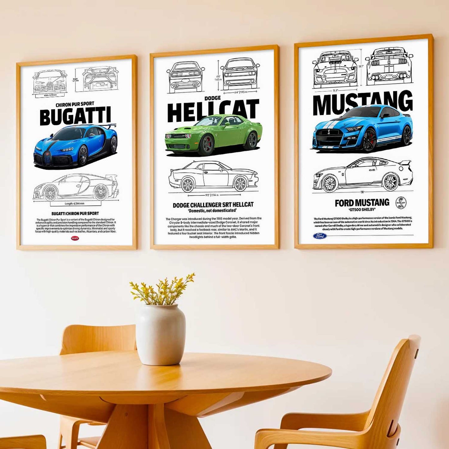 Big Bugatti Chiron, Dodge Hellcat, Ford Mustang Cars Wall Art Paintings for Living Room Bedroom