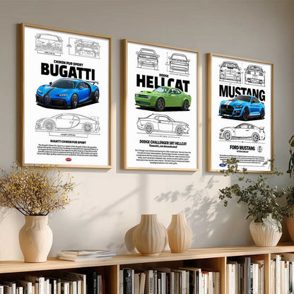 Big Bugatti Chiron, Dodge Hellcat, Ford Mustang Cars Wall Art Paintings for Living Room Bedroom