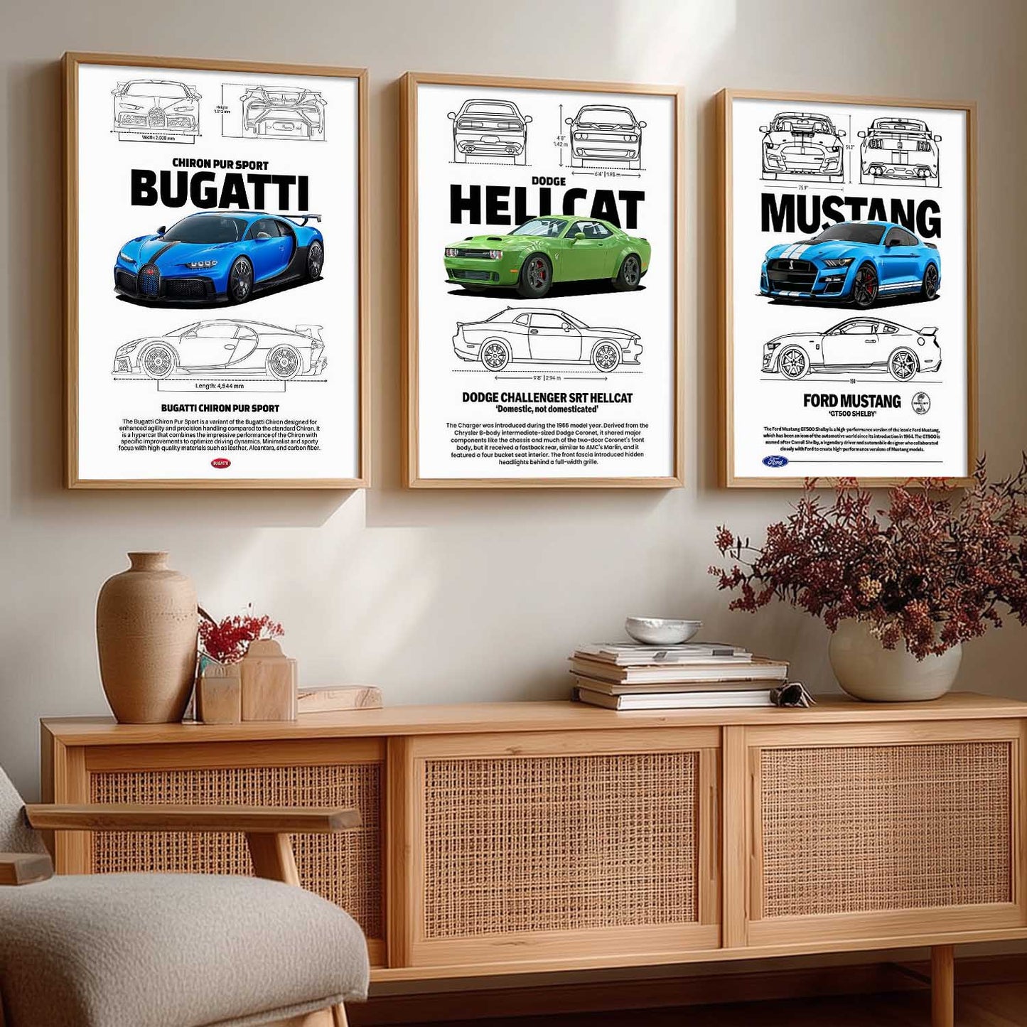 Big Bugatti Chiron, Dodge Hellcat, Ford Mustang Cars Wall Art Paintings for Living Room Bedroom
