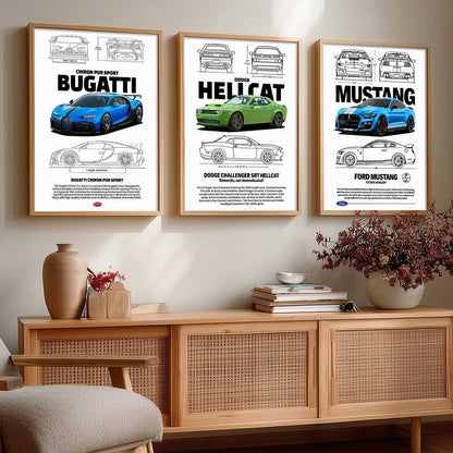 Big Bugatti Chiron, Dodge Hellcat, Ford Mustang Cars Wall Art Paintings for Living Room Bedroom