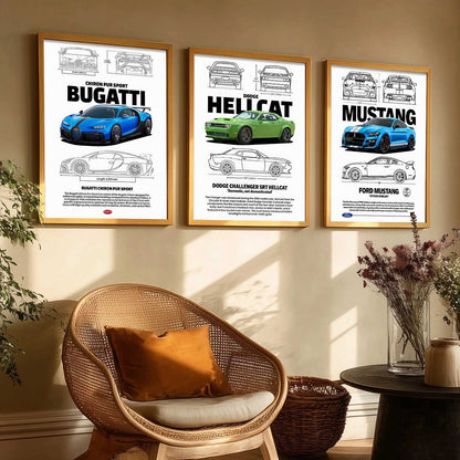 Big Bugatti Chiron, Dodge Hellcat, Ford Mustang Cars Wall Art Paintings for Living Room Bedroom
