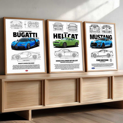 Big Bugatti Chiron, Dodge Hellcat, Ford Mustang Cars Wall Art Paintings for Living Room Bedroom