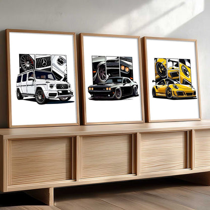Big G-Wagon, Dodge Challenger, Porsche 911 Cars Wall Art Paintings for Living Room Bedroom
