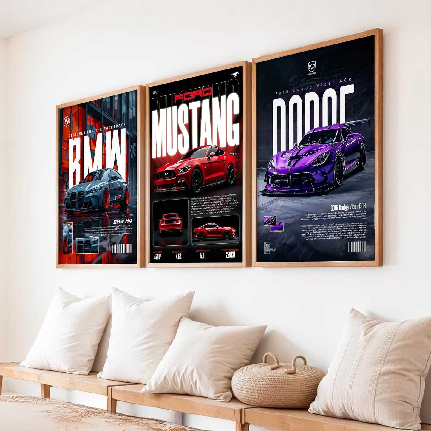 Big BMW M4, Ford Mustang, Dodge Viper Cars Wall Art Paintings for Living Room Bedroom