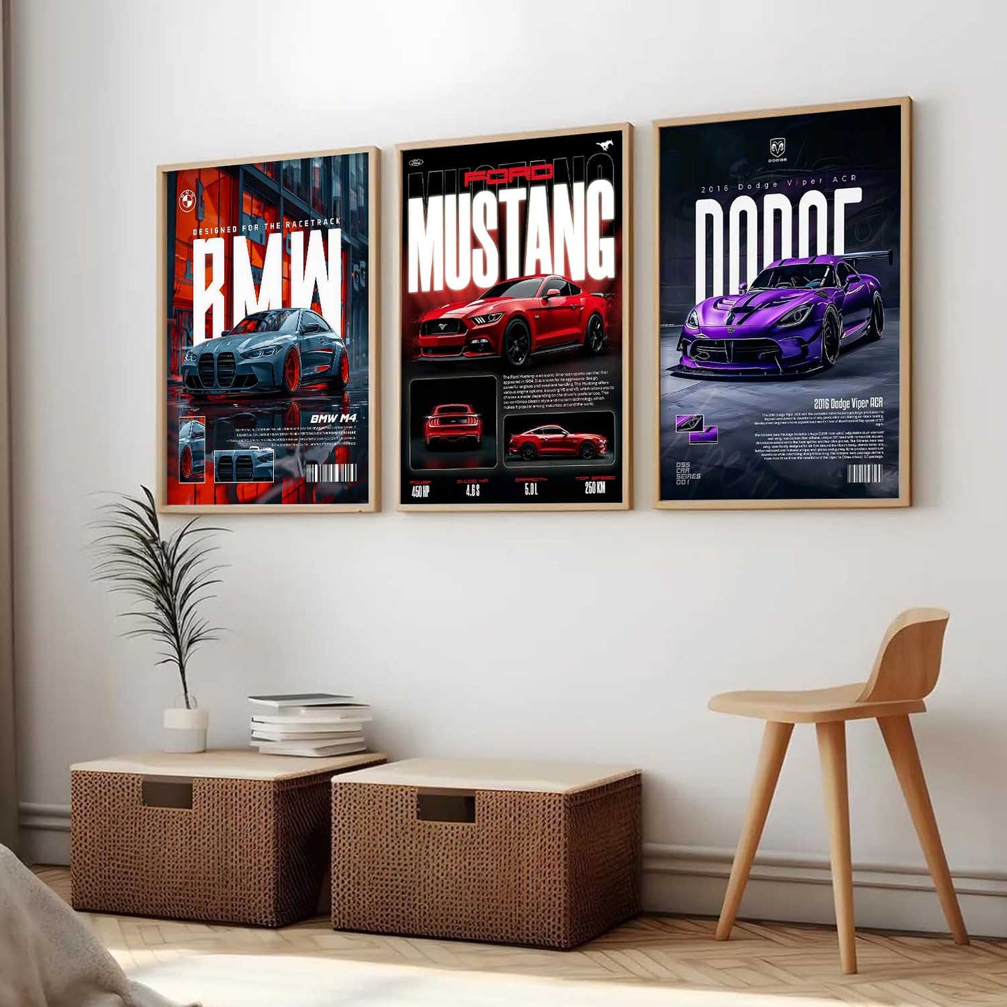 Big BMW M4, Ford Mustang, Dodge Viper Cars Wall Art Paintings for Living Room Bedroom