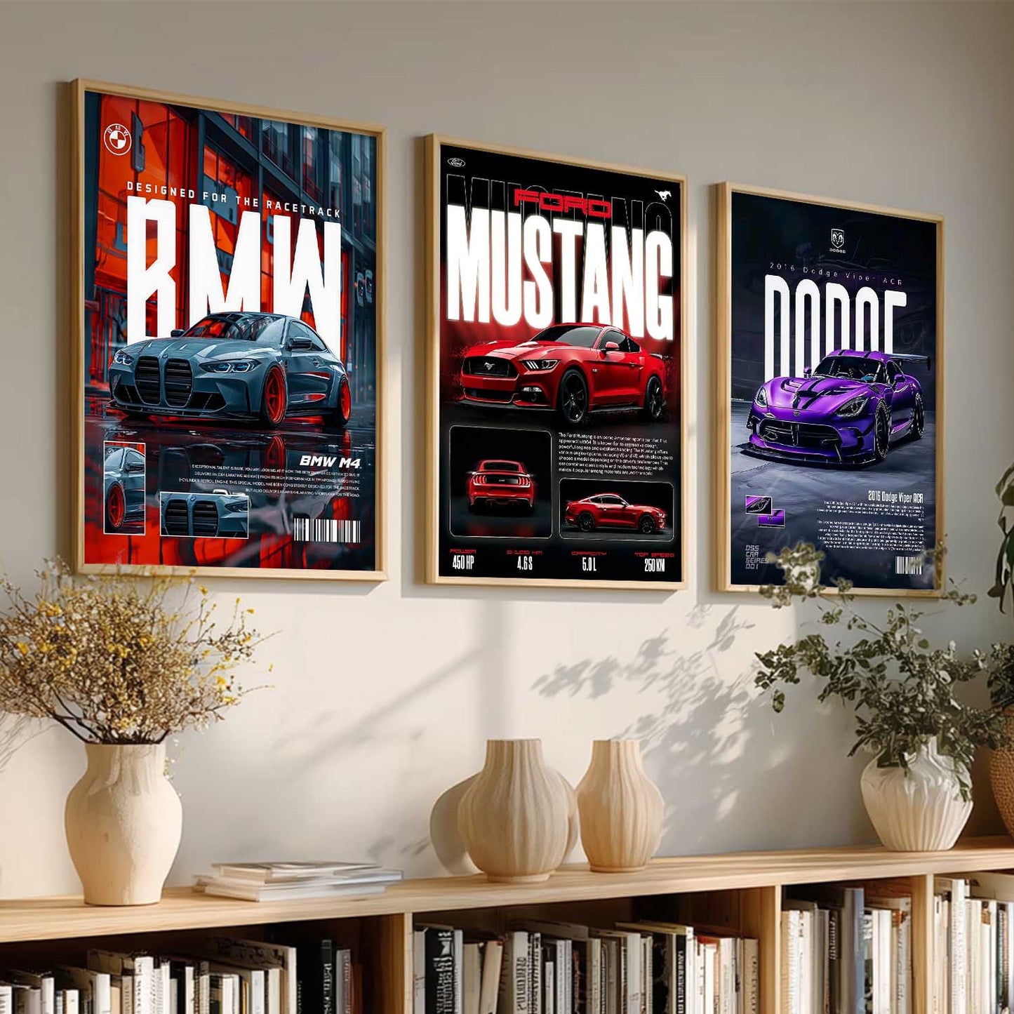 Big BMW M4, Ford Mustang, Dodge Viper Cars Wall Art Paintings for Living Room Bedroom
