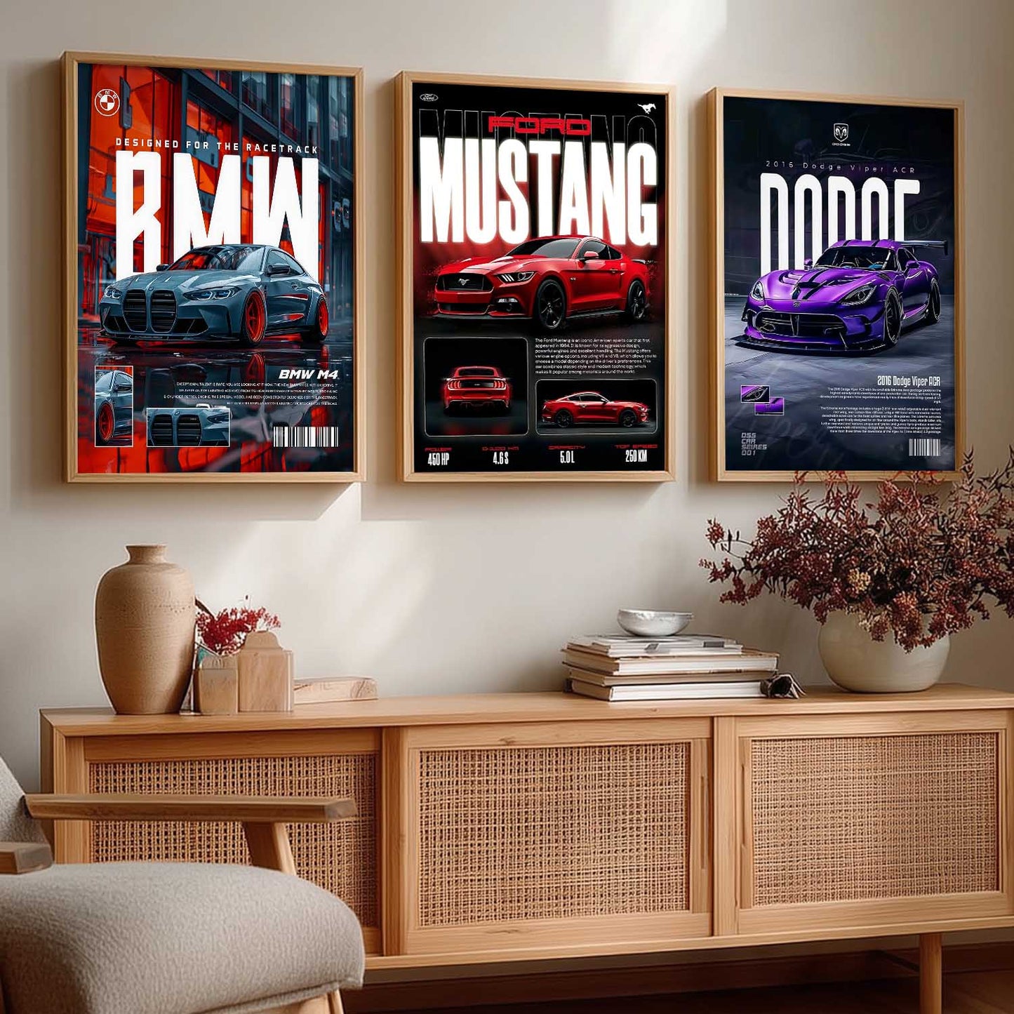 Big BMW M4, Ford Mustang, Dodge Viper Cars Wall Art Paintings for Living Room Bedroom