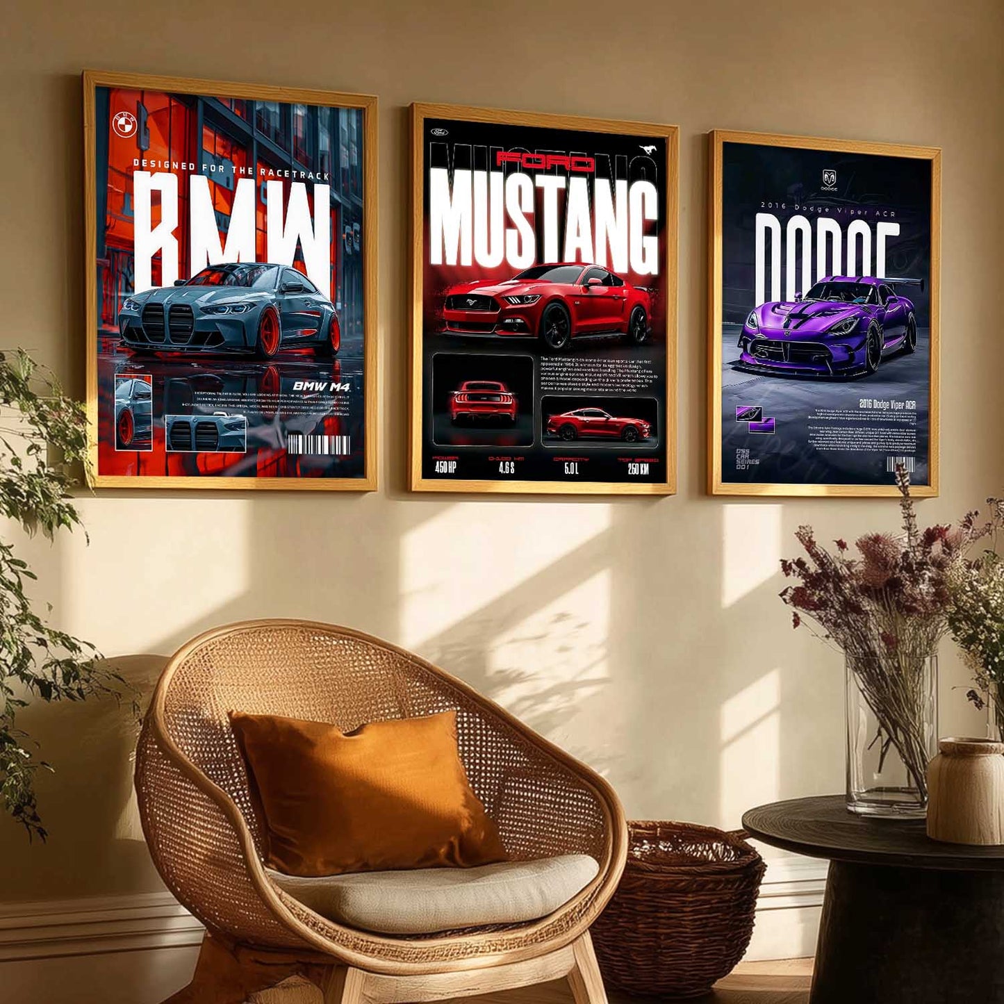 Big BMW M4, Ford Mustang, Dodge Viper Cars Wall Art Paintings for Living Room Bedroom