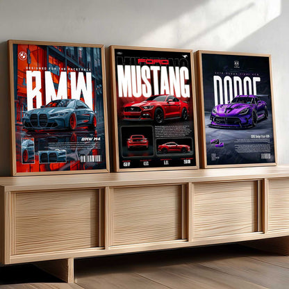 Big BMW M4, Ford Mustang, Dodge Viper Cars Wall Art Paintings for Living Room Bedroom