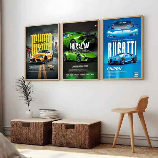 Big Toyota Supra, Lamborghini Huracan, bugatti Chiron Cars Wall Art Paintings for Living Room Bedroom