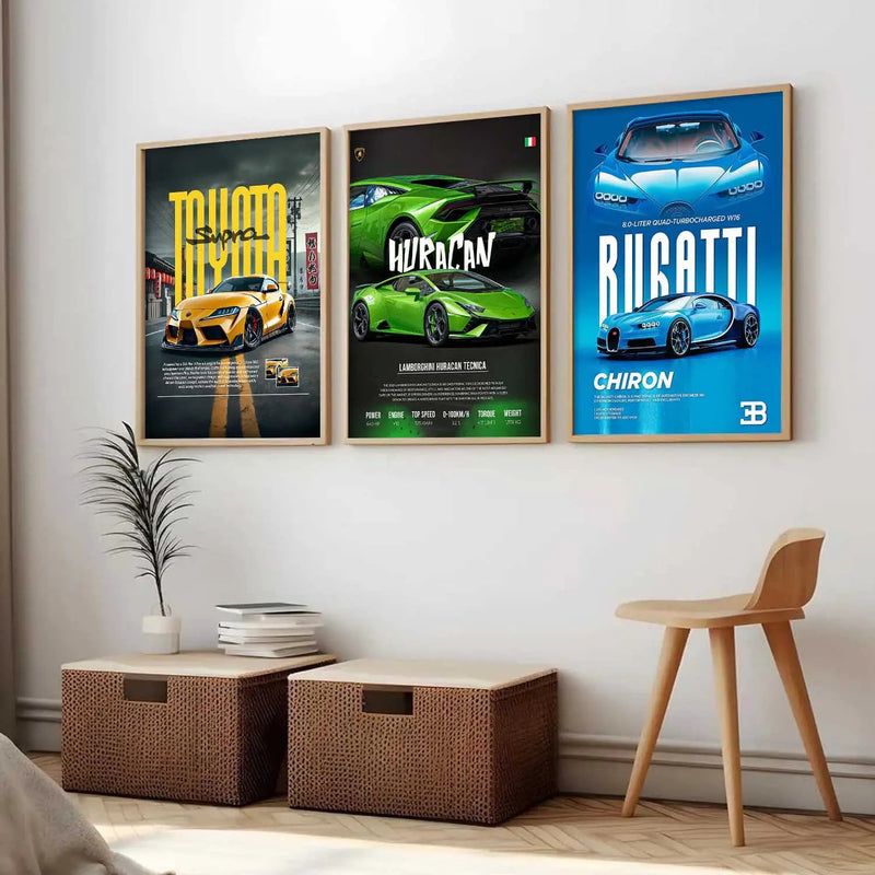 Big Toyota Supra, Lamborghini Huracan, bugatti Chiron Cars Wall Art Paintings for Living Room Bedroom