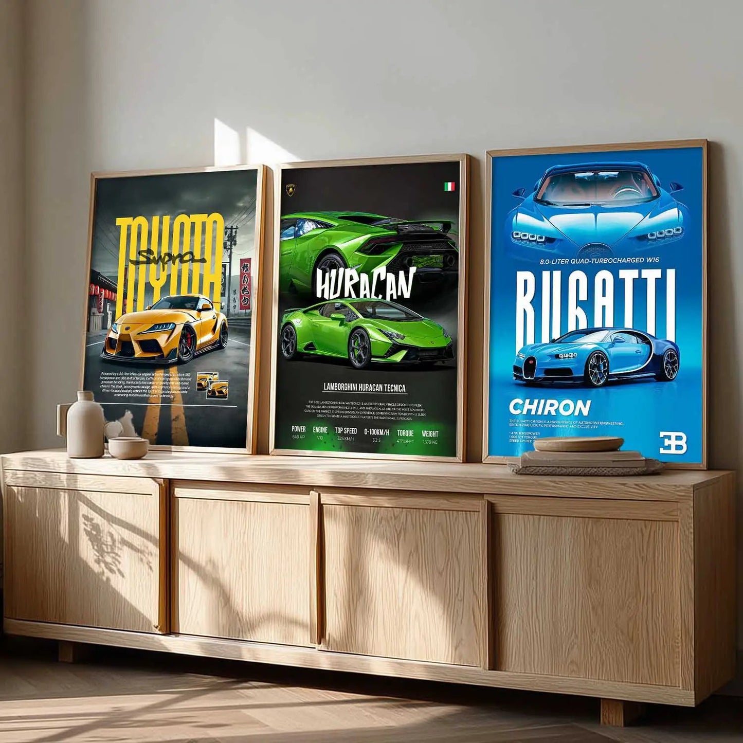 Big Toyota Supra, Lamborghini Huracan, bugatti Chiron Cars Wall Art Paintings for Living Room Bedroom