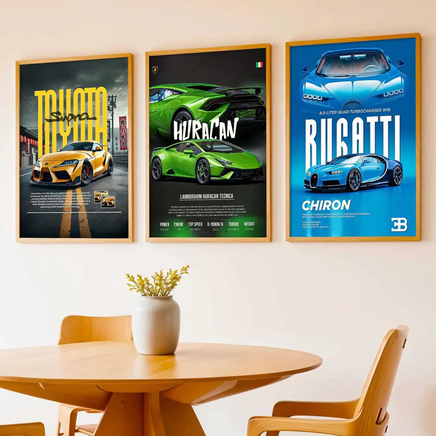 Big Toyota Supra, Lamborghini Huracan, bugatti Chiron Cars Wall Art Paintings for Living Room Bedroom