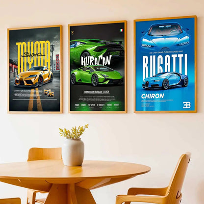 Big Toyota Supra, Lamborghini Huracan, bugatti Chiron Cars Wall Art Paintings for Living Room Bedroom