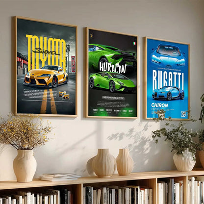 Big Toyota Supra, Lamborghini Huracan, bugatti Chiron Cars Wall Art Paintings for Living Room Bedroom